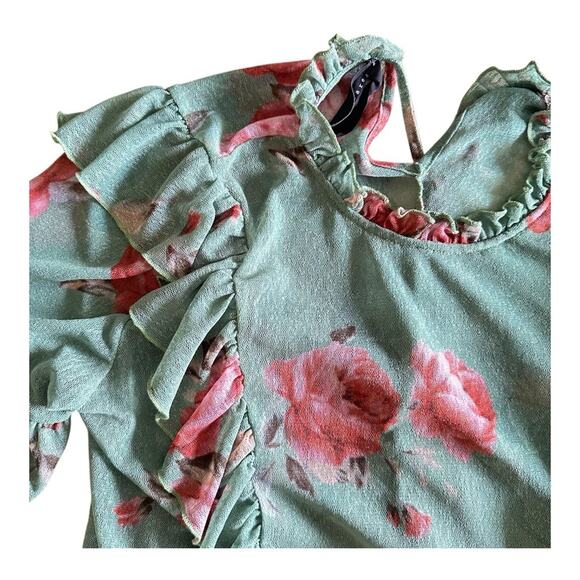 Know.One.Cares Green Top Floral Ruffle Long Sleeve Semi Sheer Shirt Couquette  S - Picture 8 of 13